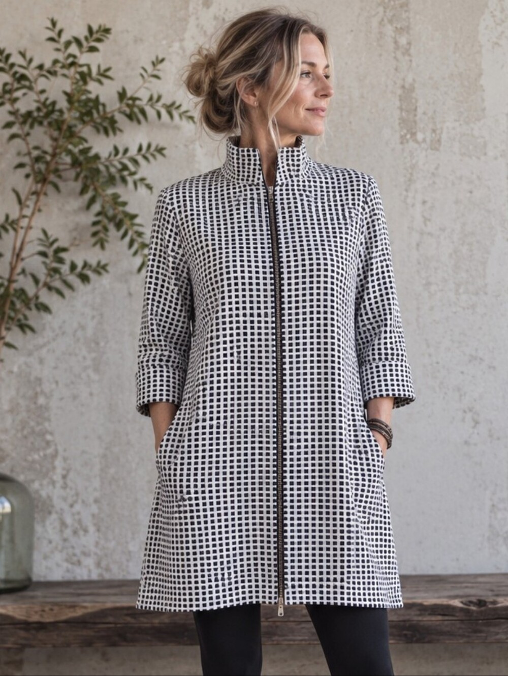 Shannon Passero Black White Check Zip Front Tunic Jacket Top Size XS